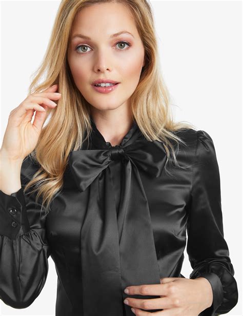 Black Fitted Satin Pussycat Bow Blouse Hawes Curtis Women In 5152